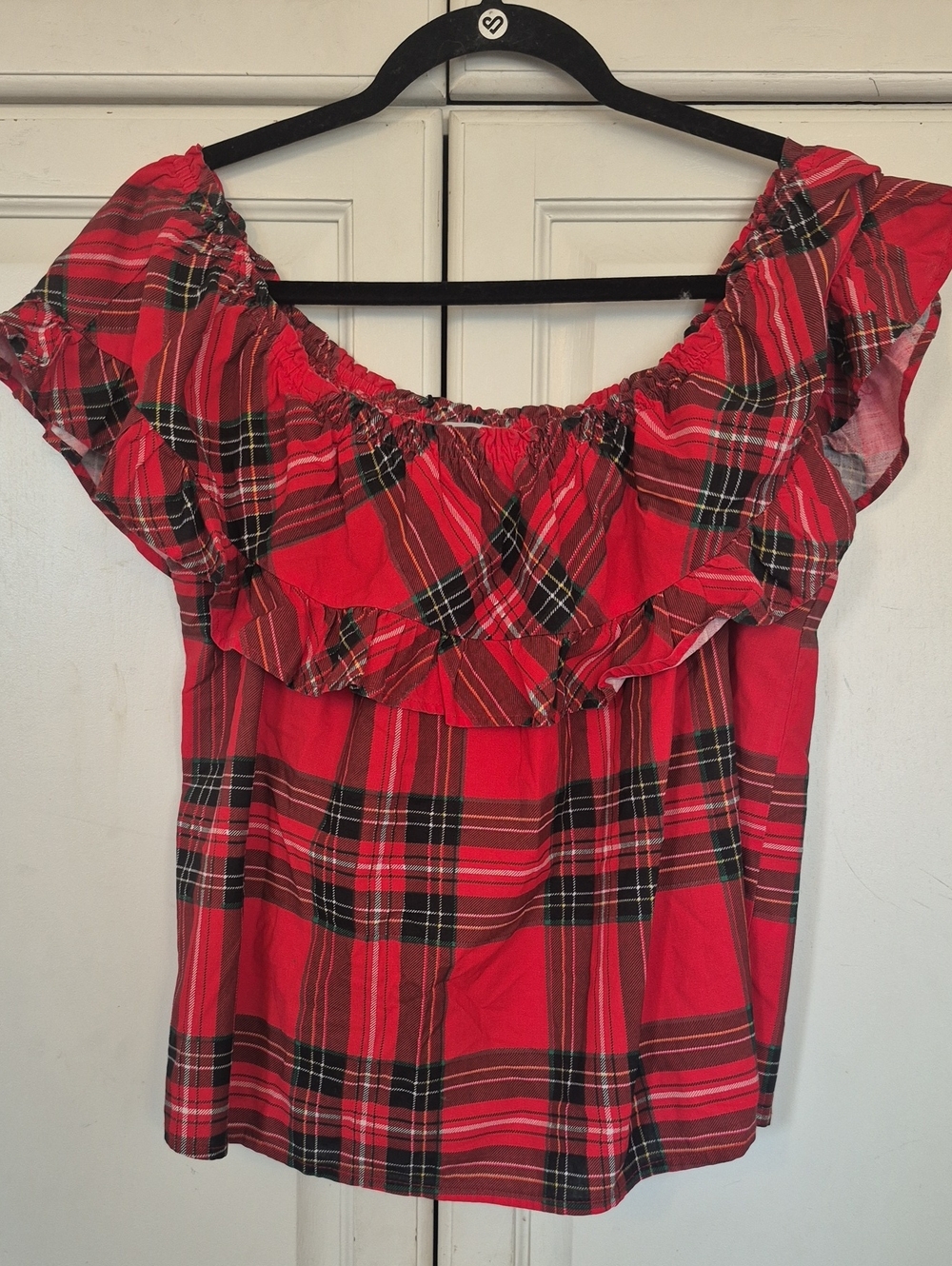 Red Plaid Off-Shoulder Ruffle Top